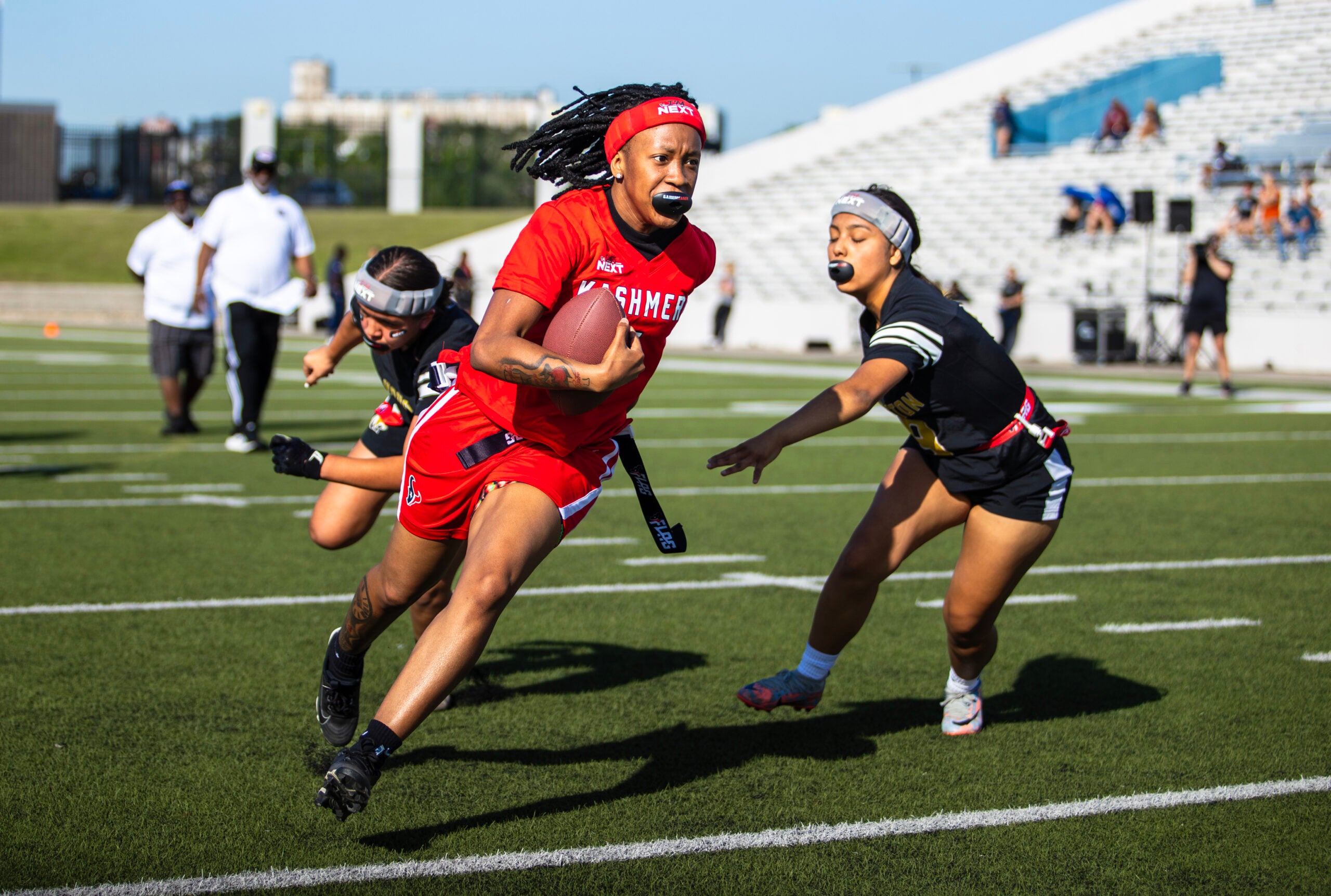 An image from the April 12th, 2025 Girls Flag Kickoff at Delmar Stadium in Houston, TX.