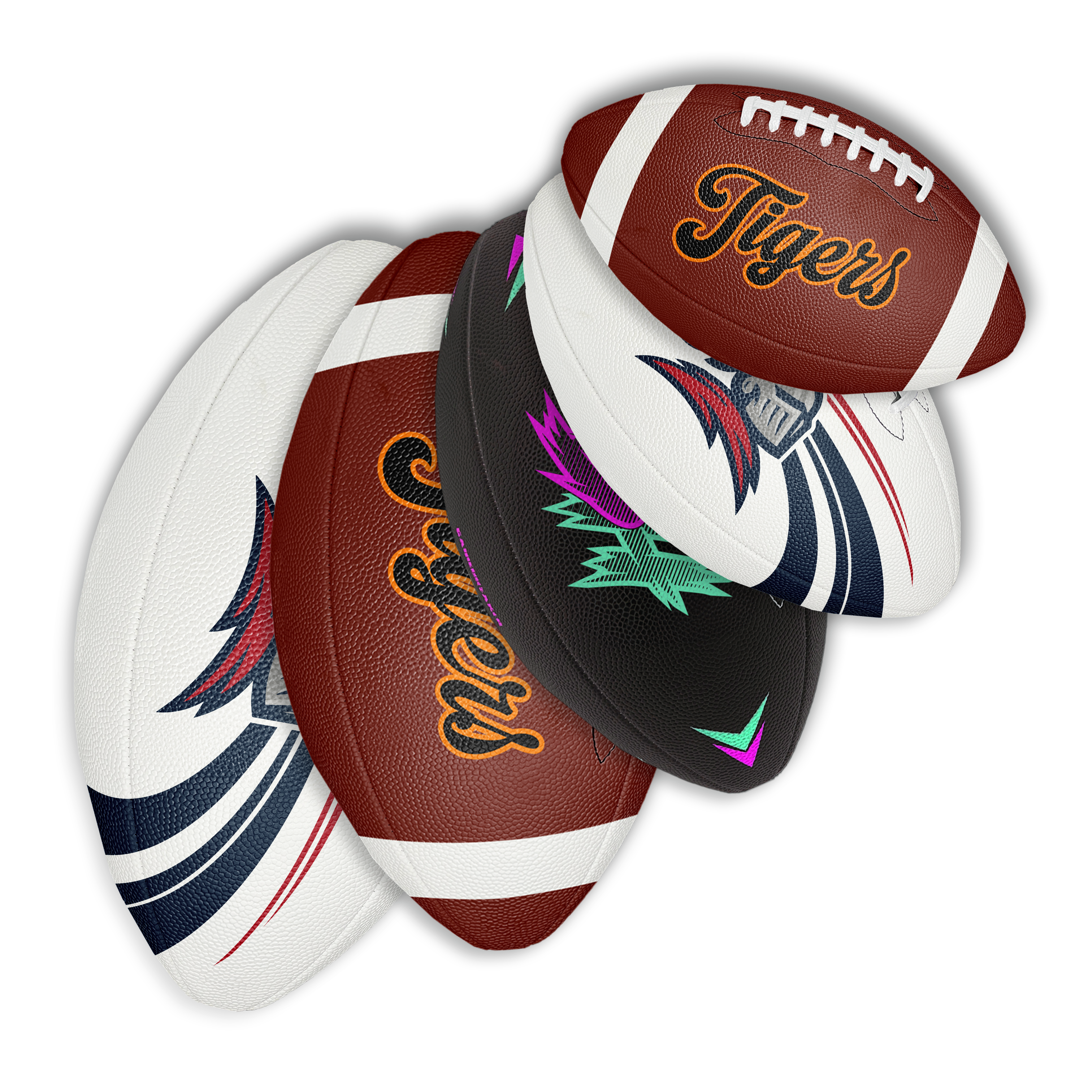 5 custom printed GameBreaker footballs. 2 white, one black, and 2 brown colored.