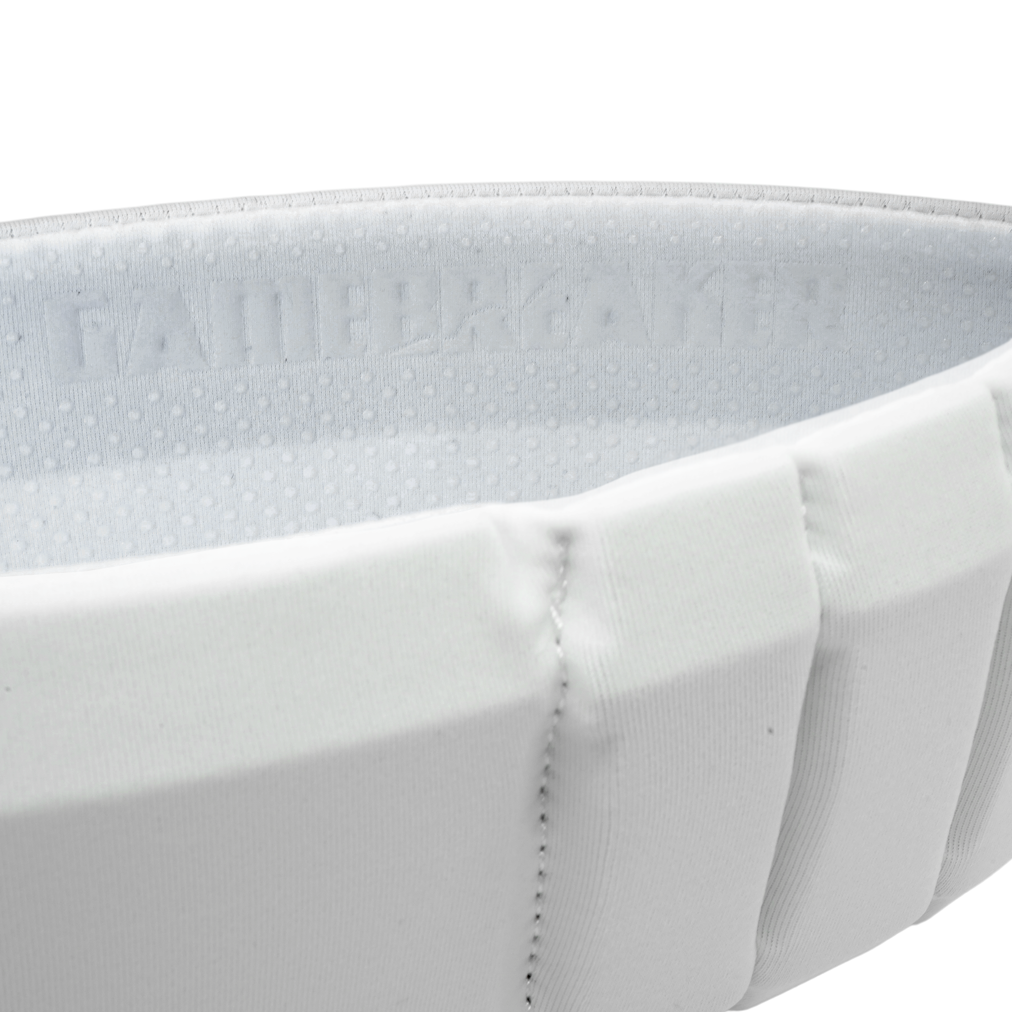 Close-up of a white aura headband with stitched pleats and a textured interior lining showing the brand name 'GAMEBREAKER'.