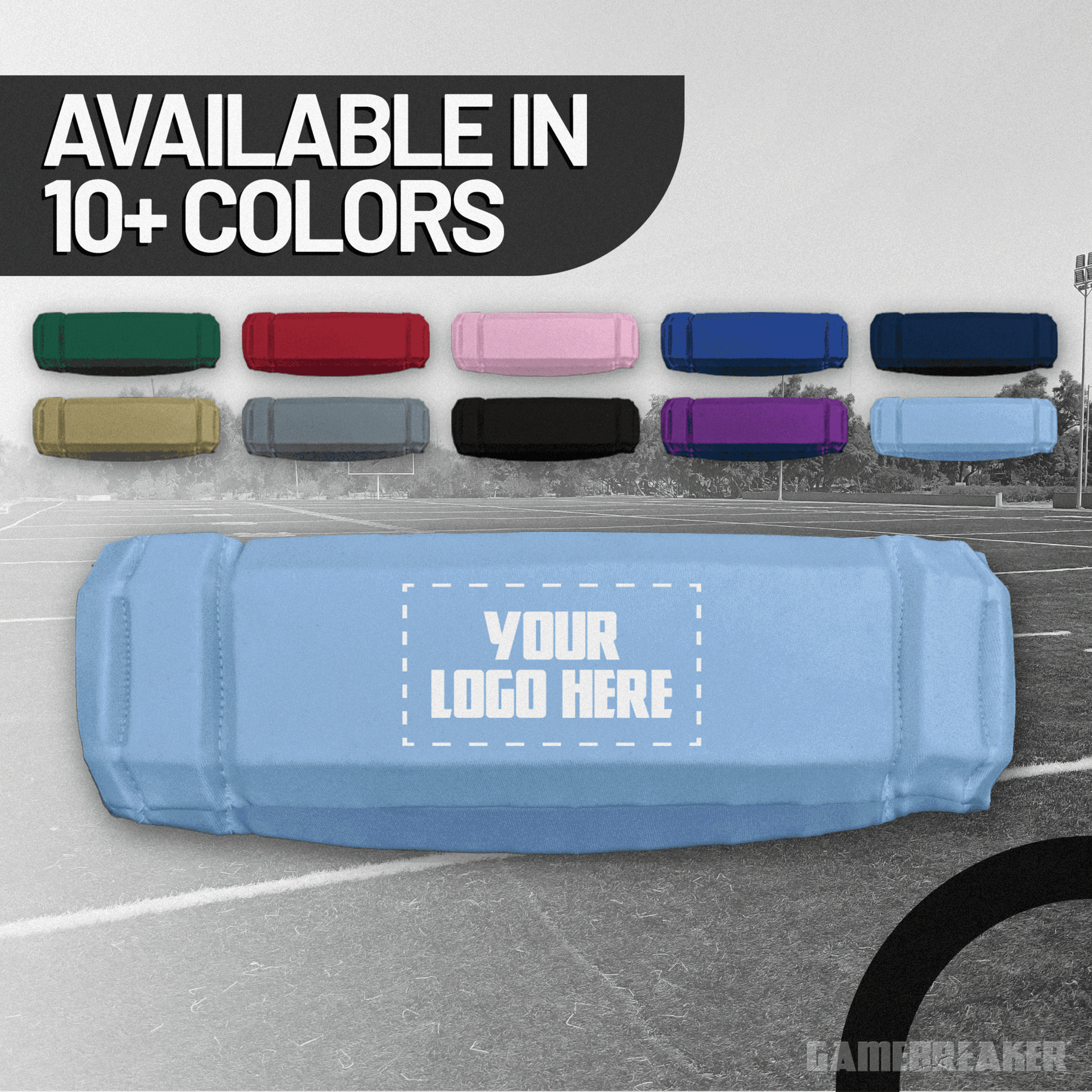 Graphic displaying a variety of protective headbands in over 10 colors, including green, red, pink, blue, navy, gold, gray, black, purple, and light blue. A large light blue headband at the bottom features the text “YOUR LOGO HERE,” indicating custom logo options. The top of the image includes the bold headline “AVAILABLE IN 10+ COLORS.” Background shows a blurred football field.