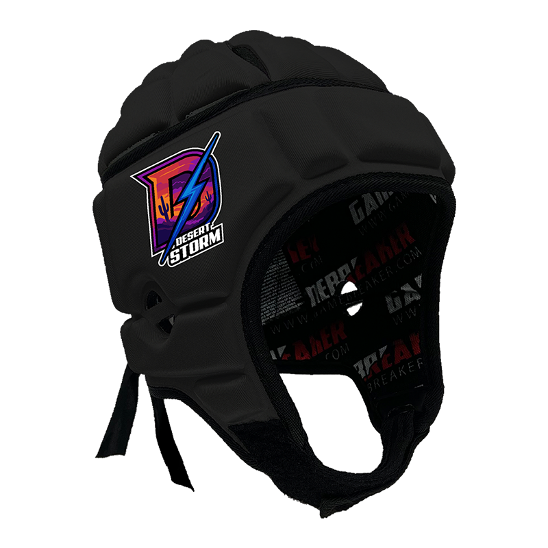 Product image of a Black GameBreaker Multi-Sport Headgear with custom logos on it.