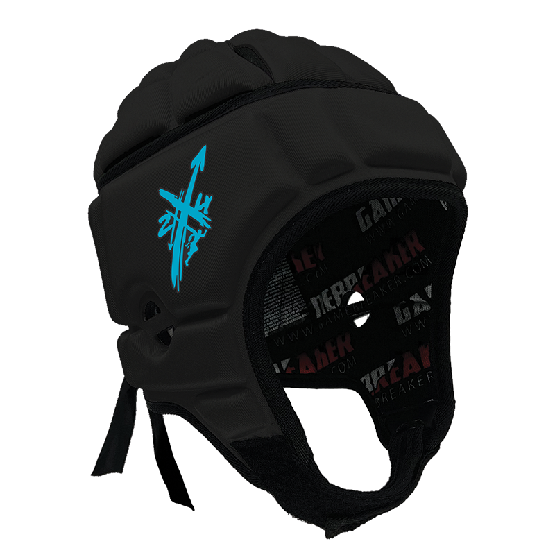 Product image of a Black GameBreaker Multi-Sport Headgear with custom logos on it.