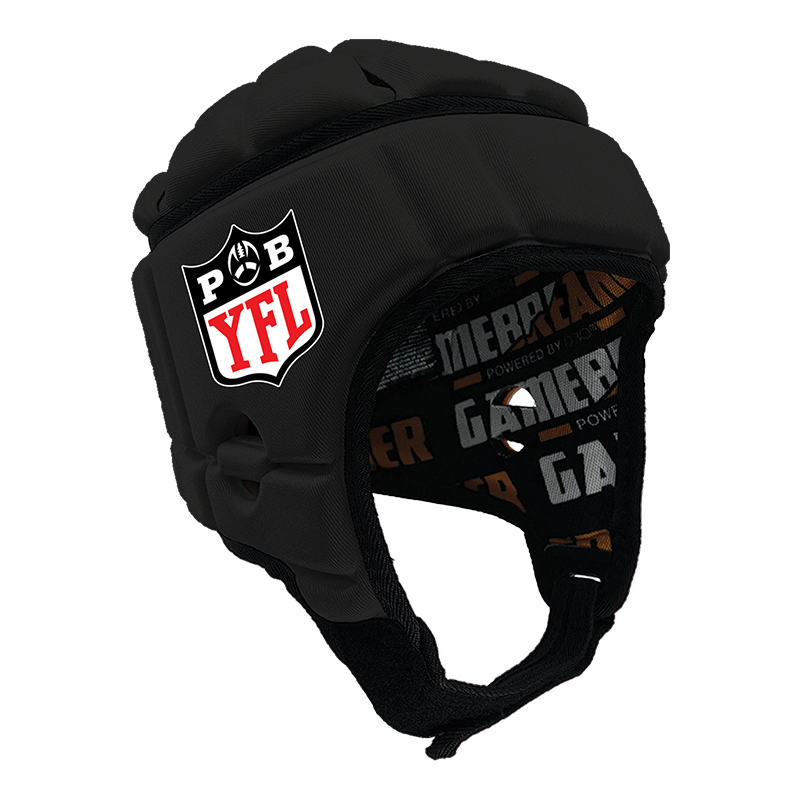 Product image of a Black GameBreaker Pro Headgear with custom logos on it.