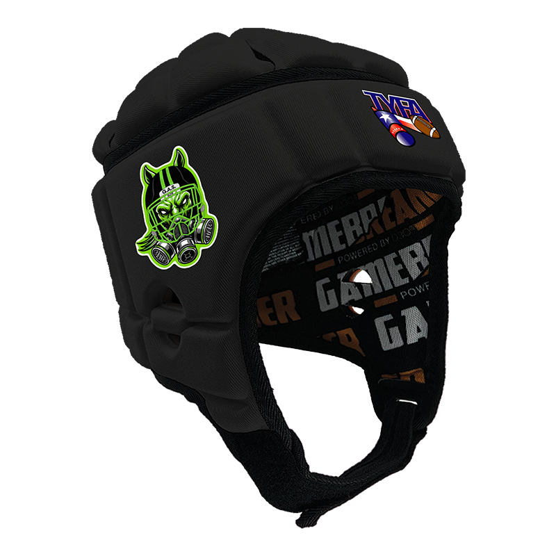 Product image of a Black GameBreaker Pro Headgear with custom logos on it.
