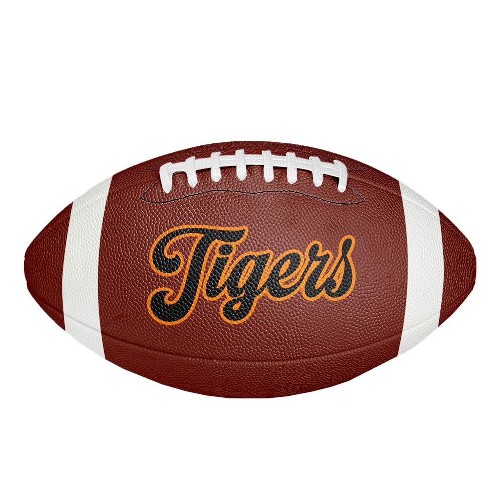 GameBreaker Custom Printed Football. Normal leather football with black and orange tigers text logo on side.