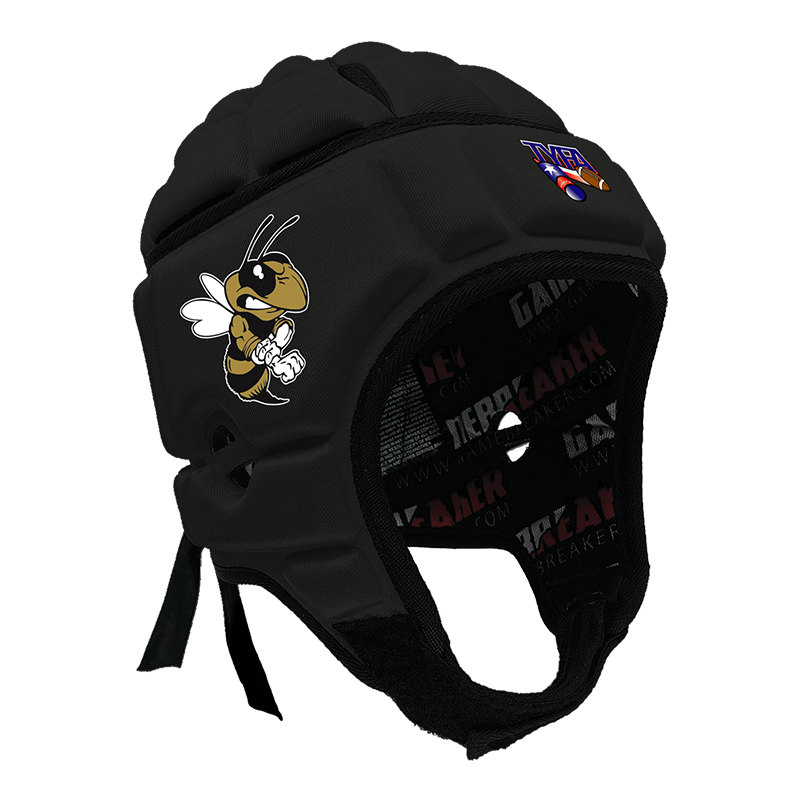 Product image of a Black GameBreaker Multi-Sport Headgear with custom logos on it.