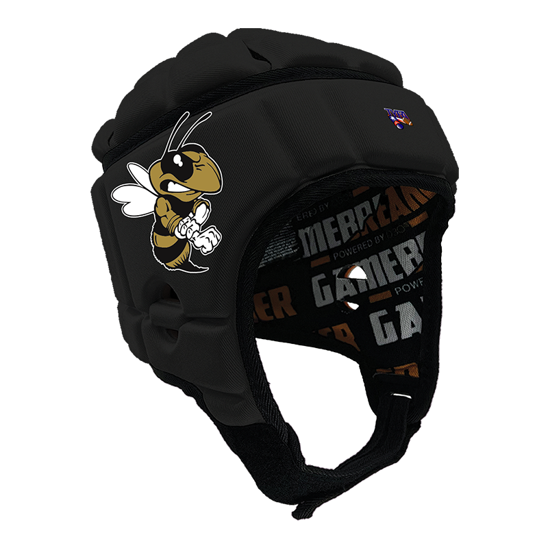 Product image of a Black GameBreaker Pro Headgear with custom logos on it.