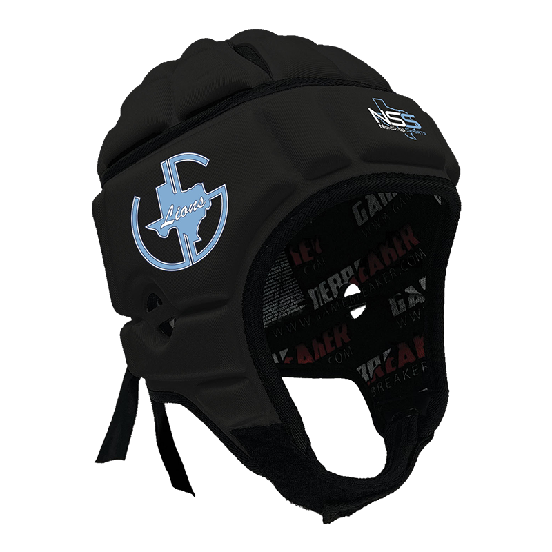 Product image of a Black GameBreaker Multi-Sport Headgear with custom logos on it.