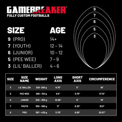 GameBreaker Custom Printed Football Size guide.