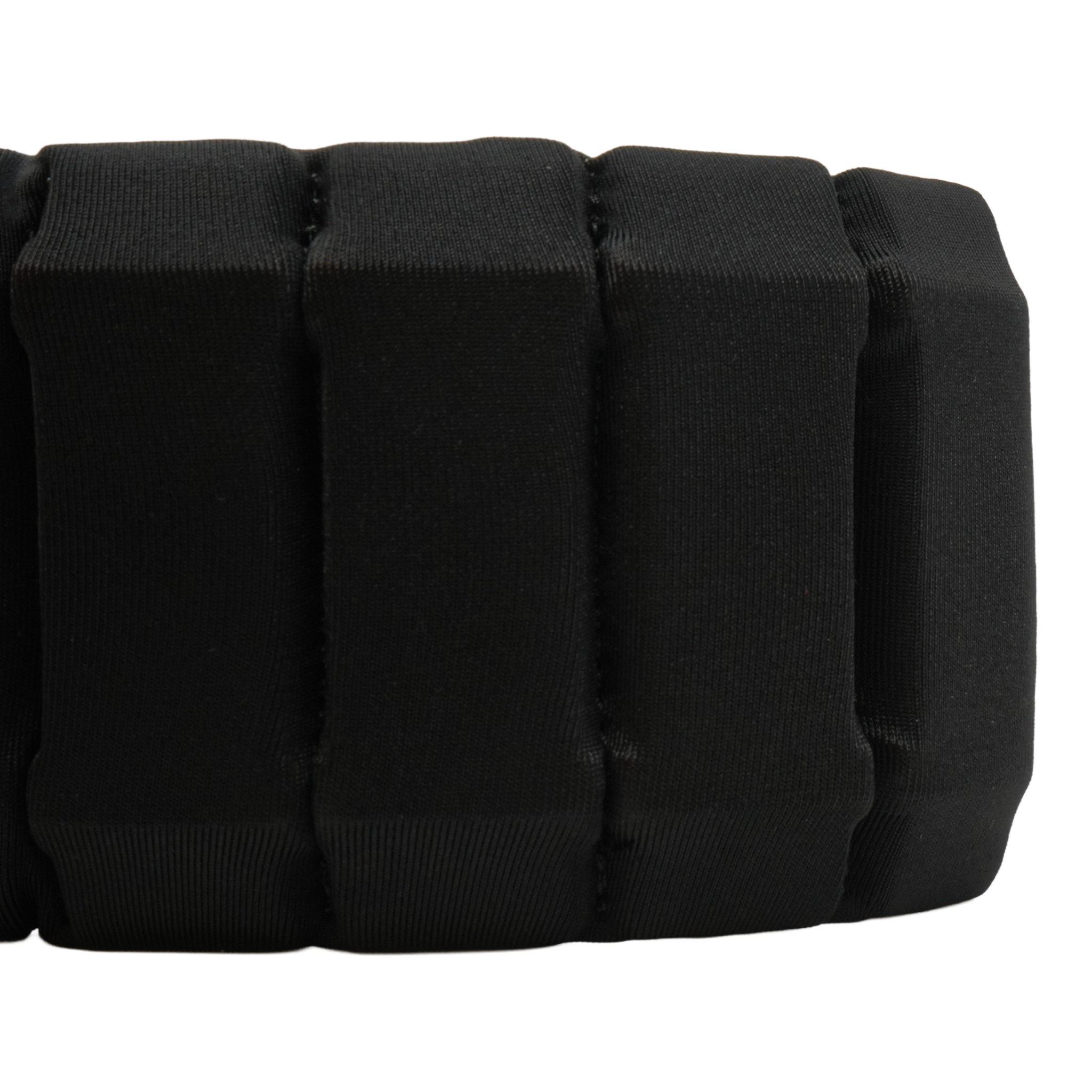 Close-up of a black padded segmented strap or band with stitched vertical sections on a plain white background.