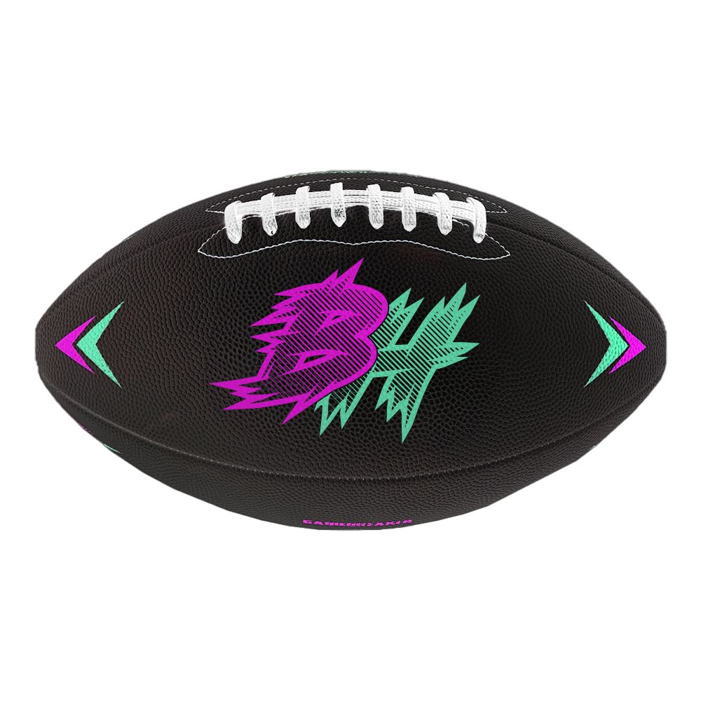 GameBreaker Custom Printed Football. Black football with purple and blue design.