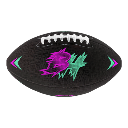 GameBreaker Custom Printed Football. Black football with purple and blue design.