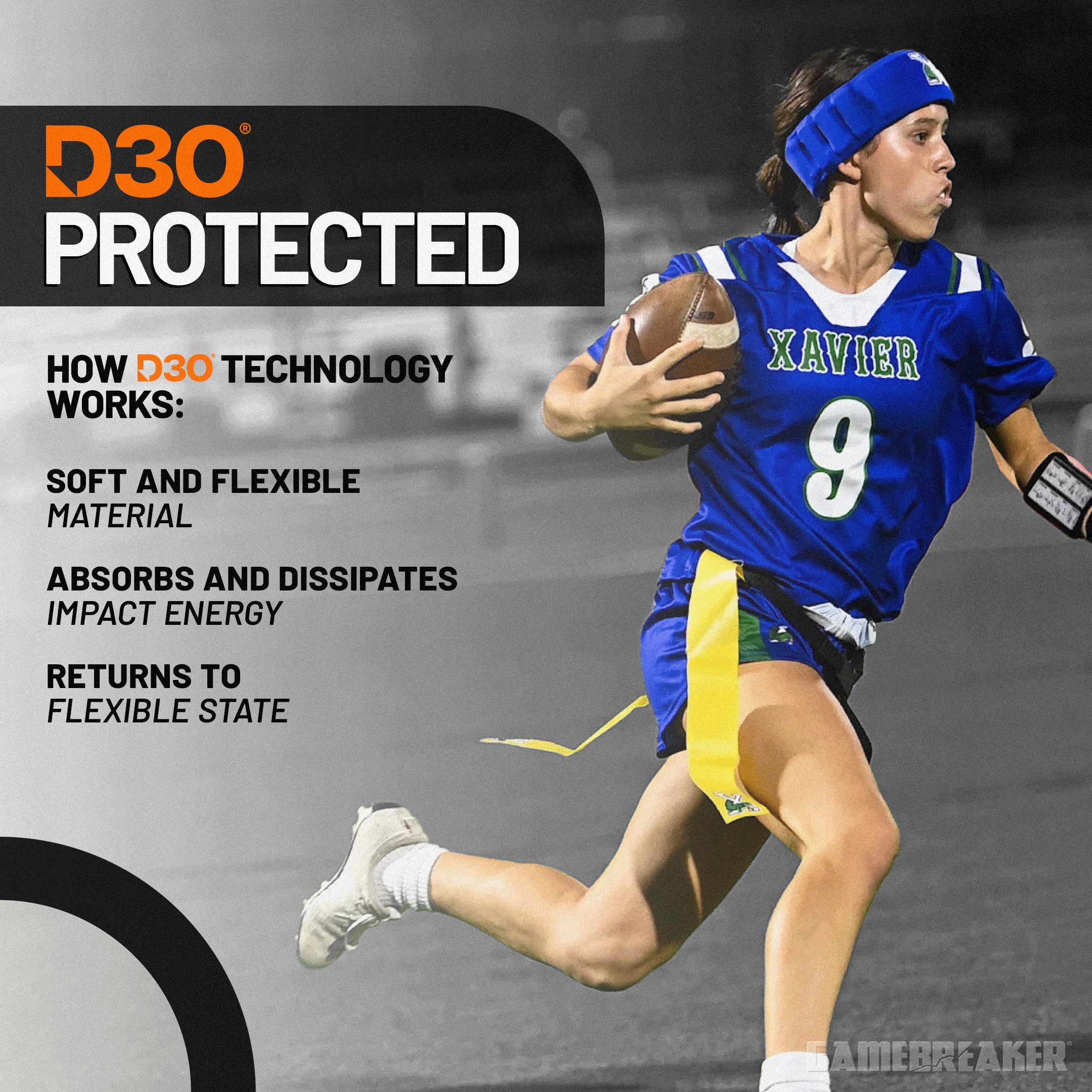 A female flag football player wearing a blue "XAVIER" jersey and a blue padded GameBreaker headband runs with the ball during a game. The left side of the image features the bold title “D3O PROTECTED” with a description of the D3O technology: soft and flexible material, absorbs and dissipates impact energy, and returns to a flexible state. The design emphasizes impact protection and performance in motion.