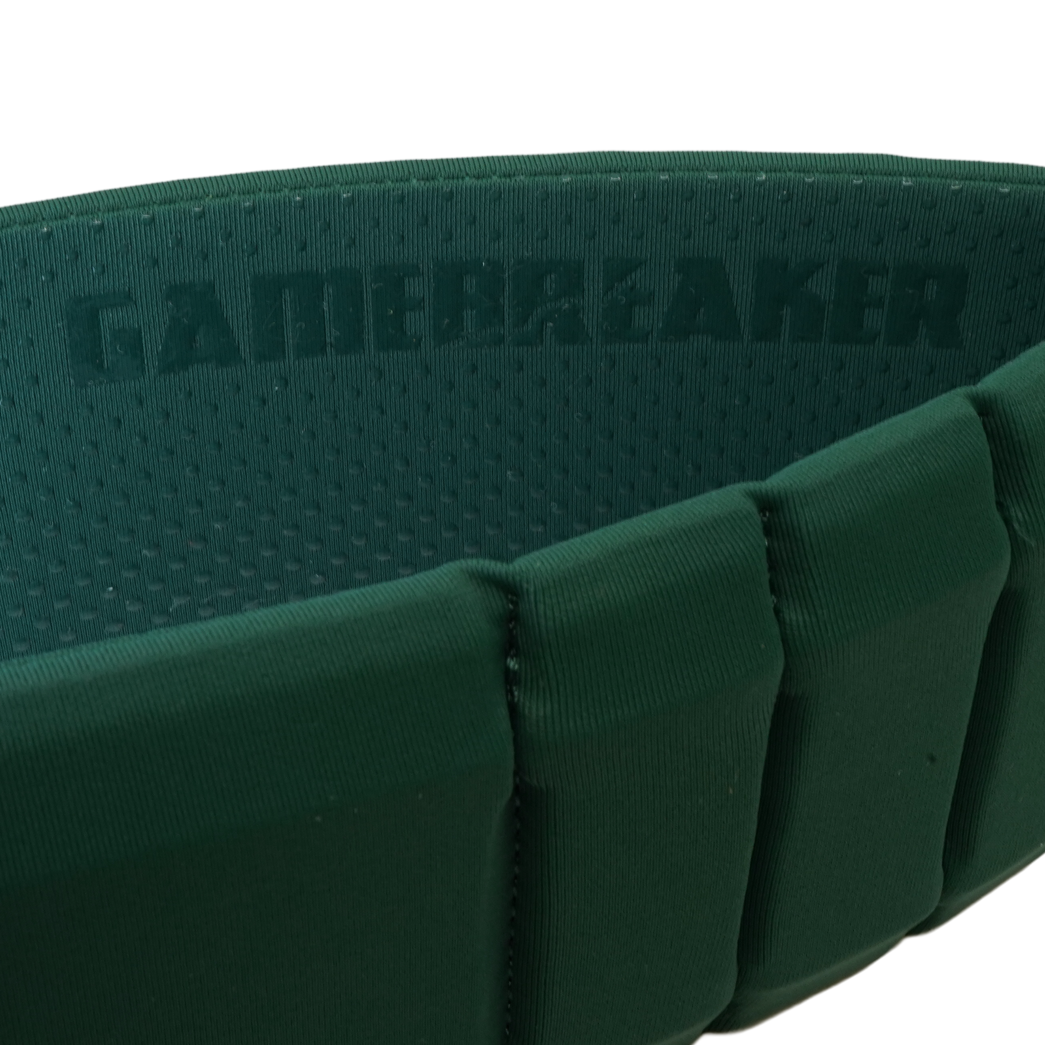Close-up of a dark green padded headband with the brand name GAMEBREAKER embossed on the inner lining.