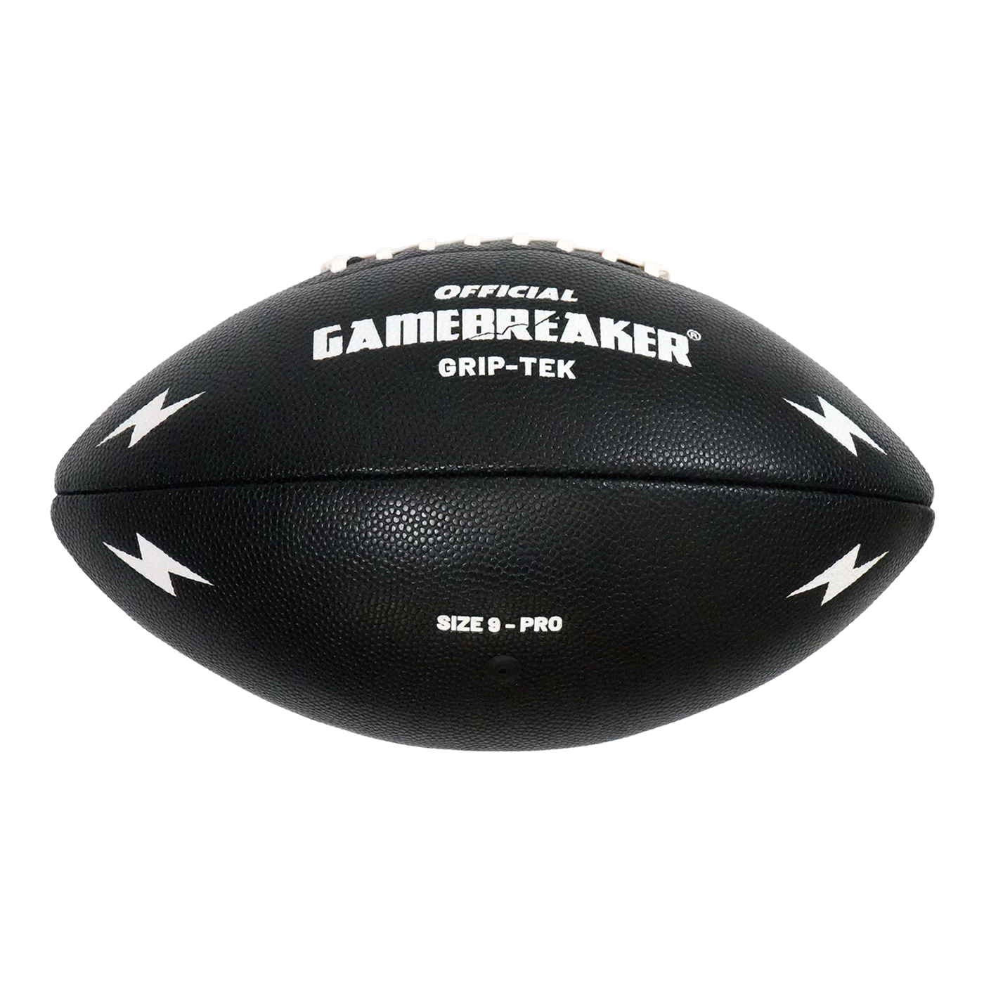 A black textured football with white text reading 'OFFICIAL GAMEBREAKER GRIP-TEK' and 'SIZE 9 - PRO', plus white lightning bolt graphics on the sides, shown on a plain white background.