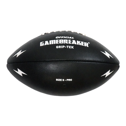 A black textured football with white text reading 'OFFICIAL GAMEBREAKER GRIP-TEK' and 'SIZE 9 - PRO', plus white lightning bolt graphics on the sides, shown on a plain white background.