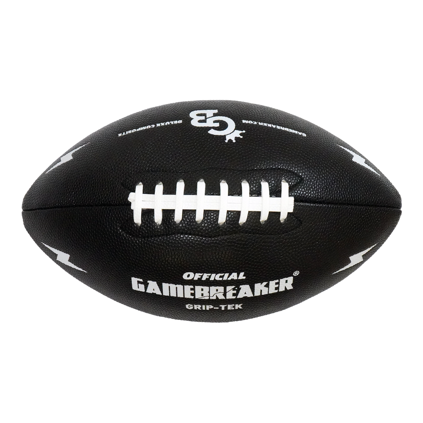 A black textured leather football with white laces and white printed branding, including 'OFFICIAL GAMERBREAKER' and 'GRIP-TEK', on a plain white background.