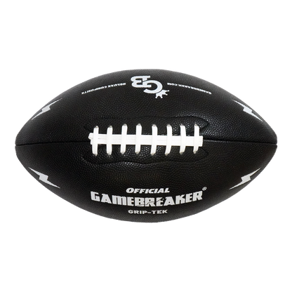 A black textured leather football with white laces and white printed branding, including 'OFFICIAL GAMERBREAKER' and 'GRIP-TEK', on a plain white background.