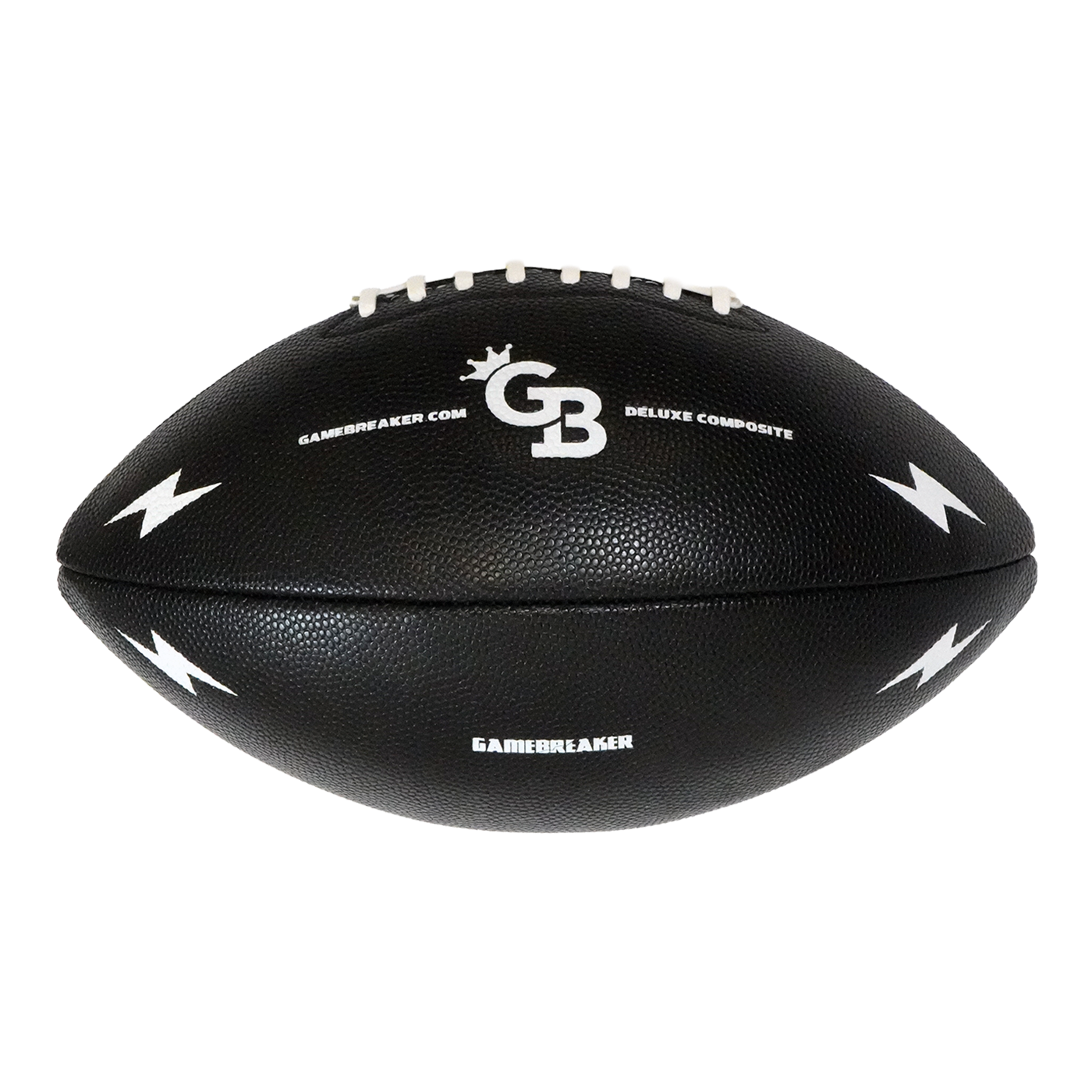 A black textured leather football with white laces and white printed branding, including the 'GB' logo and 'GAMEBLAKR.COM' text, shown on a plain white background.