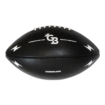 A black textured leather football with white laces and white printed branding, including the 'GB' logo and 'GAMEBLAKR.COM' text, shown on a plain white background.