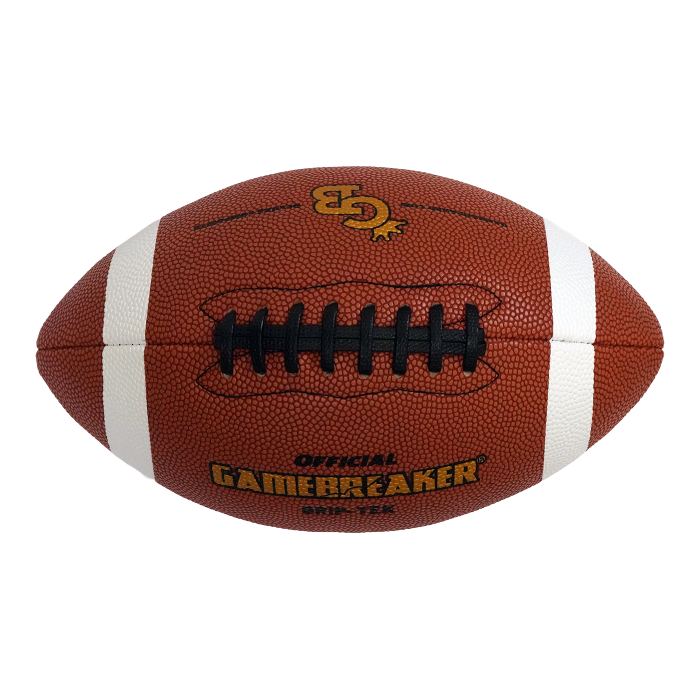 A brown leather football with white stripes and black laces, featuring the GameBreaker logo on the front, isolated on a white background.