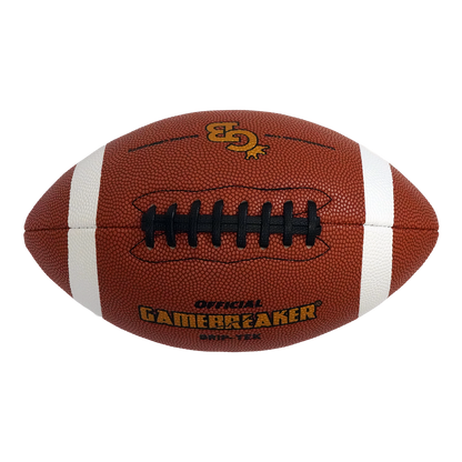 A brown leather football with white stripes and black laces, featuring the GameBreaker logo on the front, isolated on a white background.