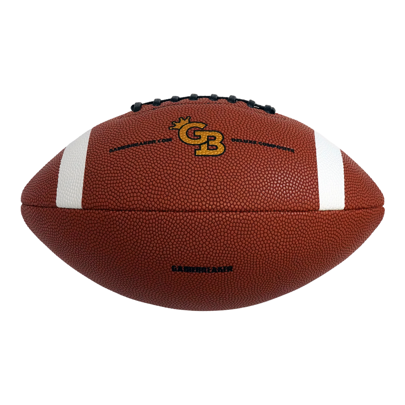 A brown leather football with white stripes and a gold and black 'GB' logo on the front, isolated on a white background.