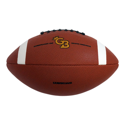 A brown leather football with white stripes and a gold and black 'GB' logo on the front, isolated on a white background.