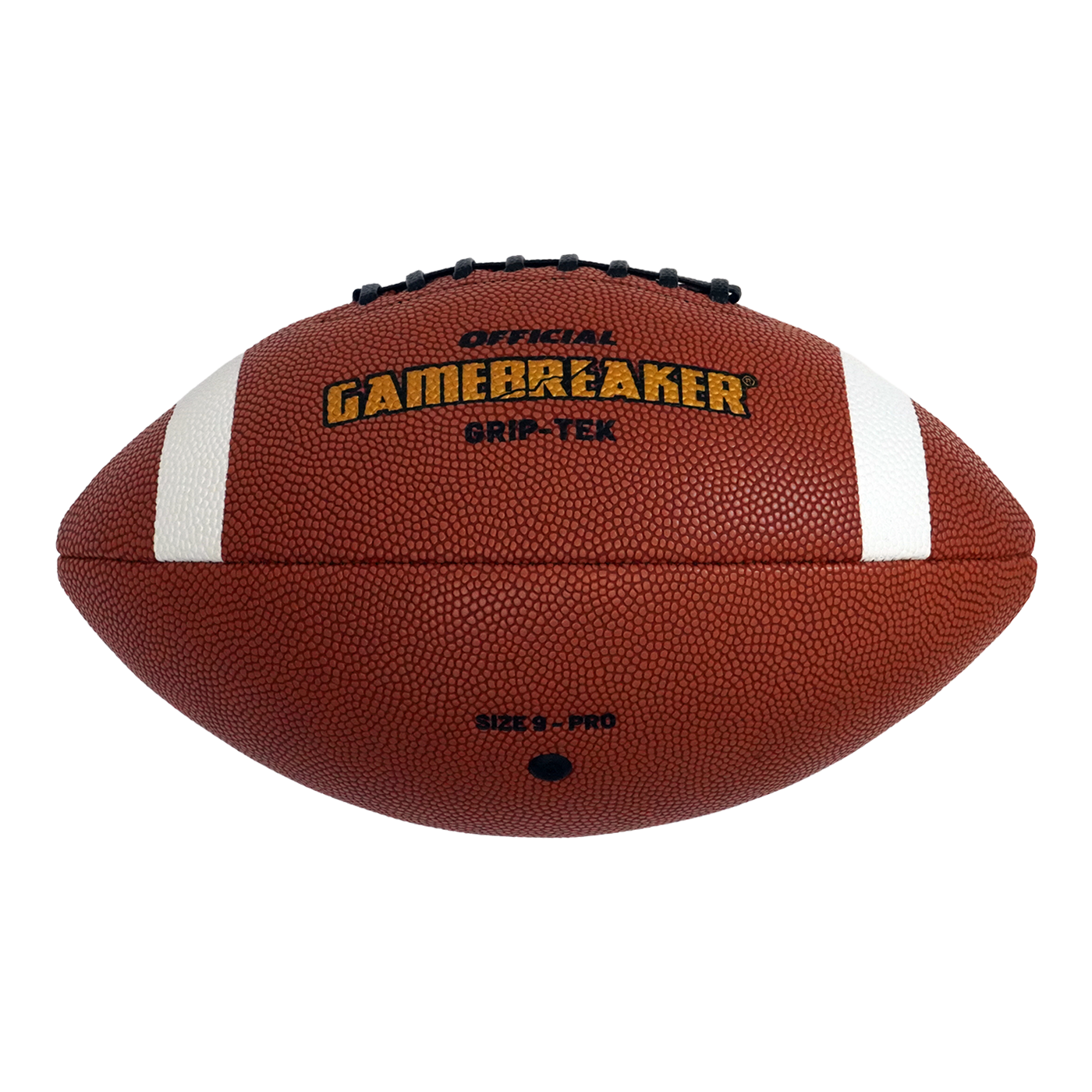 An official Gamebreaker Grip-Tek football on a clean white background. The football is brown with white stripes and features the Gamebreaker logo in yellow and black.