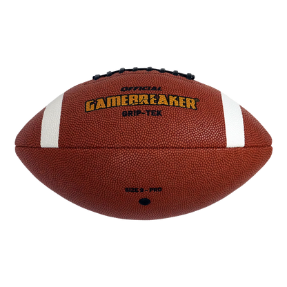 An official Gamebreaker Grip-Tek football on a clean white background. The football is brown with white stripes and features the Gamebreaker logo in yellow and black.