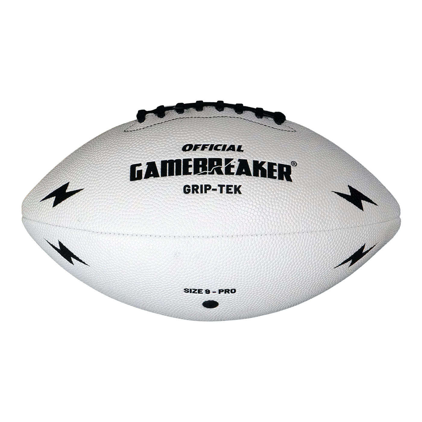 A white leather American football with black laces and black printed branding, including the words 'OFFICIAL GAMEBREAKER GRIP-TEK' and 'SIZE 8 - PRO', shown on a plain white background.