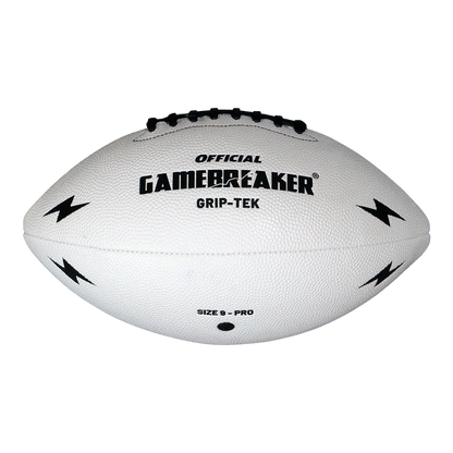 A white leather American football with black laces and black printed branding, including the words 'OFFICIAL GAMEBREAKER GRIP-TEK' and 'SIZE 8 - PRO', shown on a plain white background.