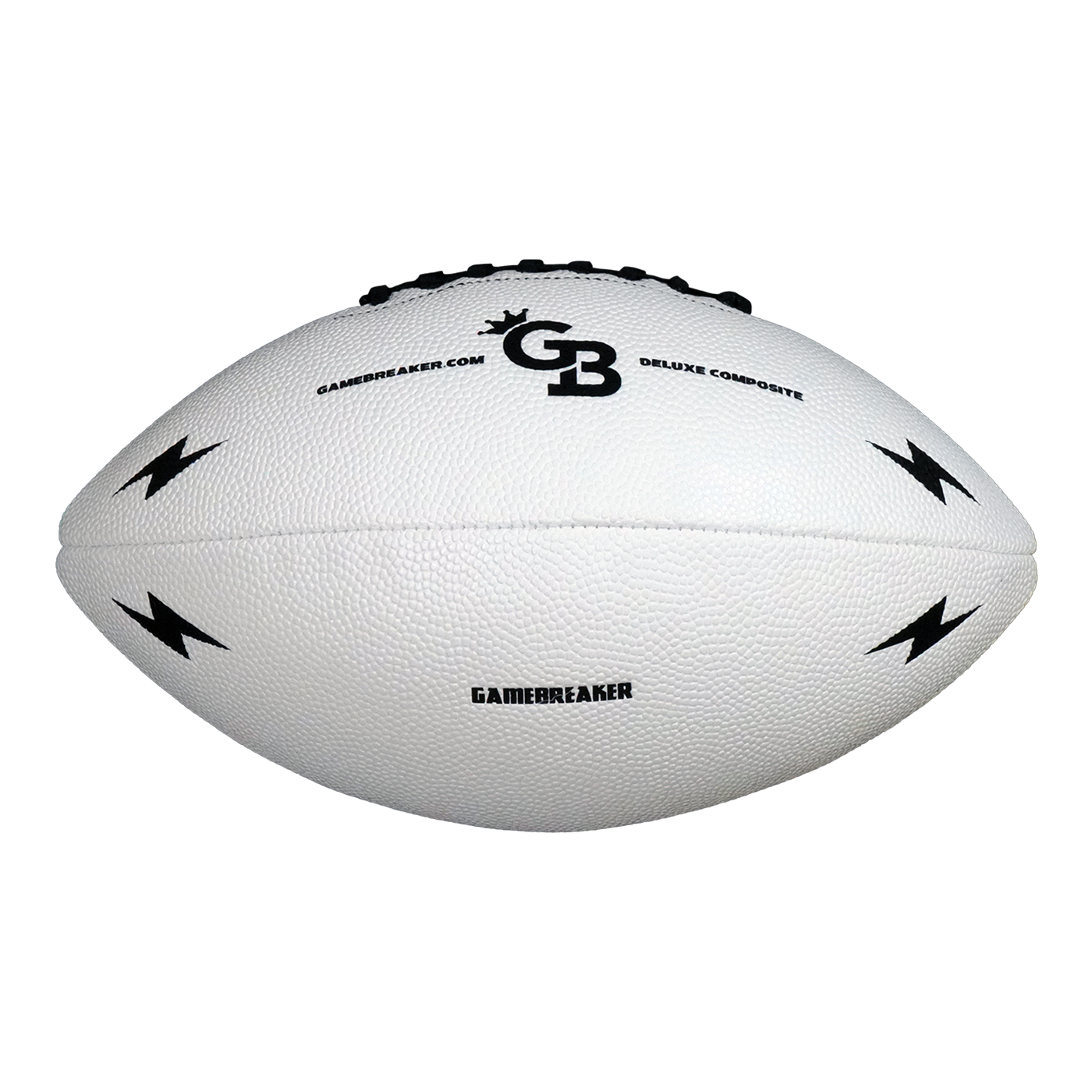 A white pebbled leather football with black printed branding and lightning bolt graphics, shown on a plain white background.