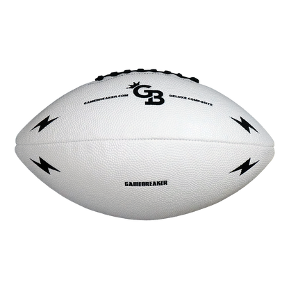 A white pebbled leather football with black printed branding and lightning bolt graphics, shown on a plain white background.