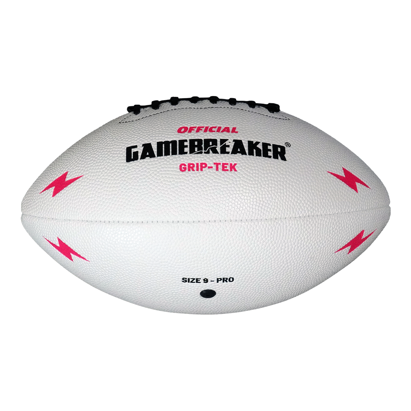 A white leather American football with black laces, featuring 'OFFICIAL GAMEBREAKER GRIP-TEK' printed in red and black, and pink grip-enhancing markings on a white background.