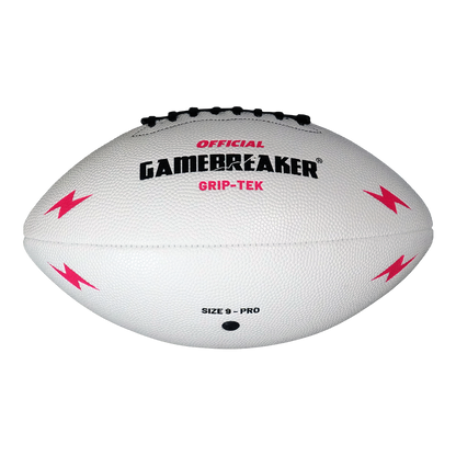 A white leather American football with black laces, featuring 'OFFICIAL GAMEBREAKER GRIP-TEK' printed in red and black, and pink grip-enhancing markings on a white background.