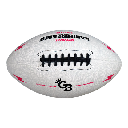 A white leather football with black laces, featuring red and black graphics and text including 'CAMERABREAKER', 'OFFICIAL', and a 'GB' logo, shown on a plain white background.
