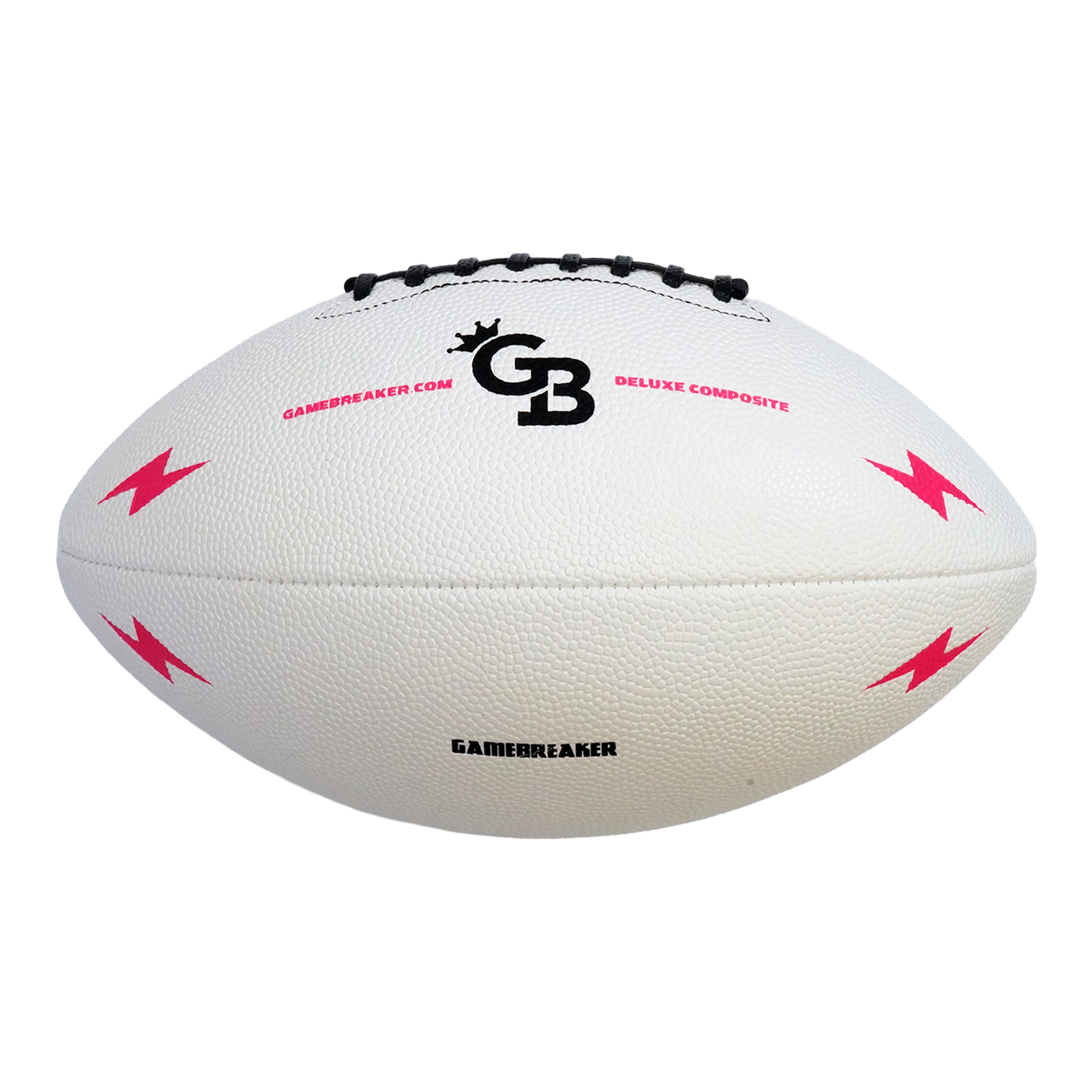 A white pebbled leather football with black laces, featuring pink lightning bolt graphics and black branding text including 'GB' and 'Gamebreaker'.