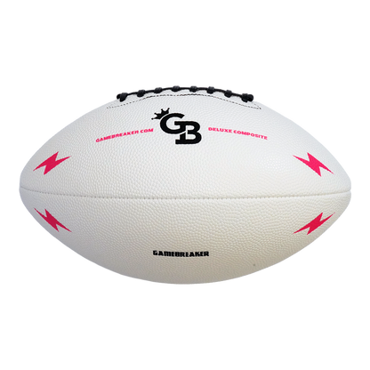 A white pebbled leather football with black laces, featuring pink lightning bolt graphics and black branding text including 'GB' and 'Gamebreaker'.