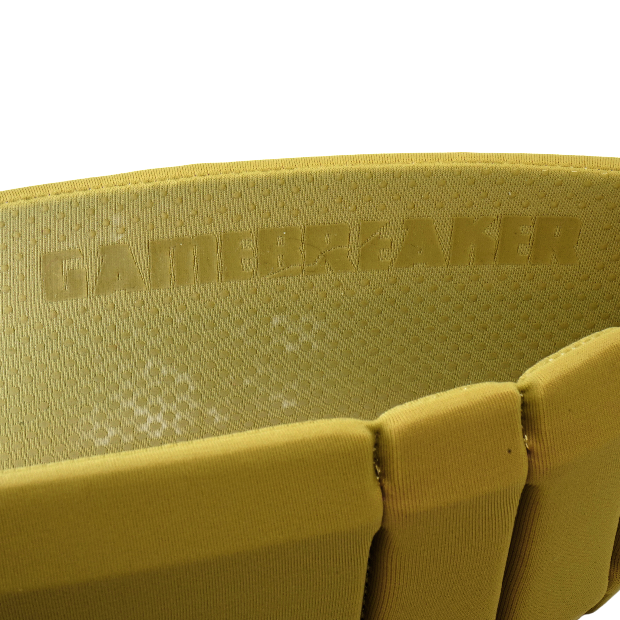 Close-up of a yellow headband with the brand name GAMEBREAKER embossed on the padded interior.