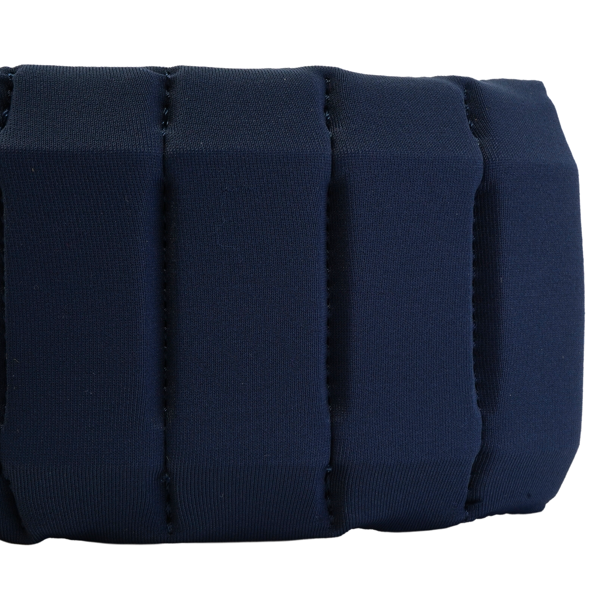 Close-up of a dark navy blue padded fabric strap or band with stitched vertical channels, shown against a plain white background.