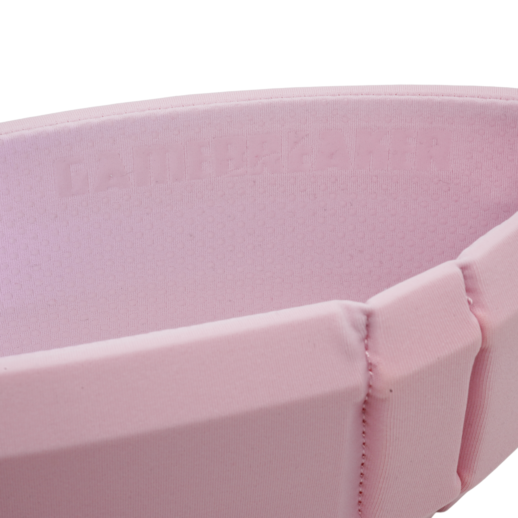 Close-up of a light pink protective sports belt with embossed branding and stitched padding, shown against a white background.
