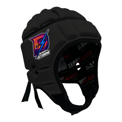 Product image of a Black GameBreaker Multi-Sport Headgear with custom logos on it.
