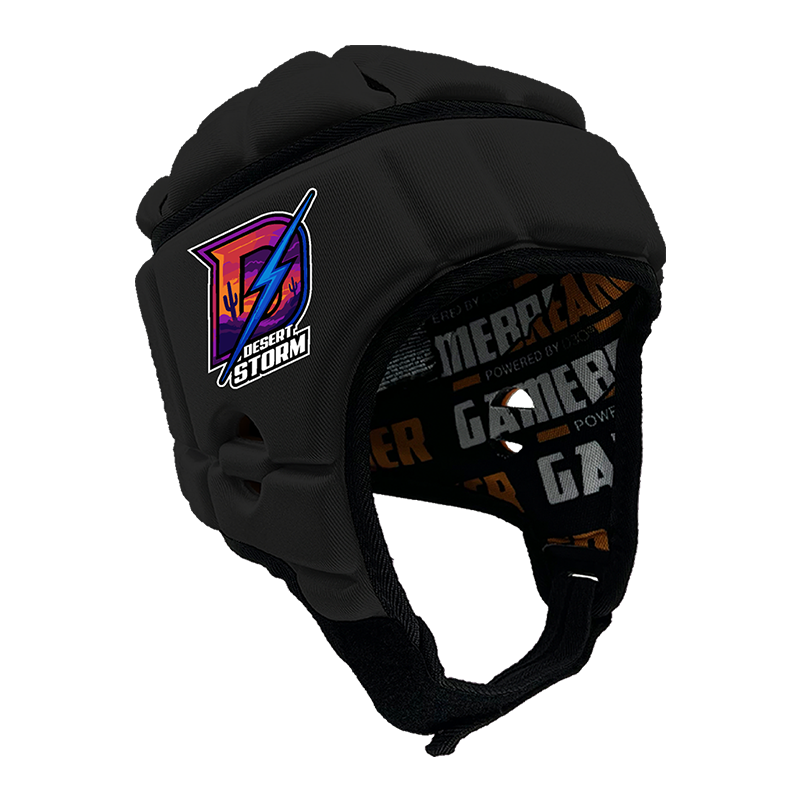 Product image of a Black GameBreaker Pro Headgear with custom logos on it.