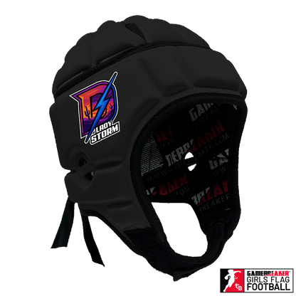 Product image of a Black GameBreaker Multi-Sport Headgear with custom logos on it.