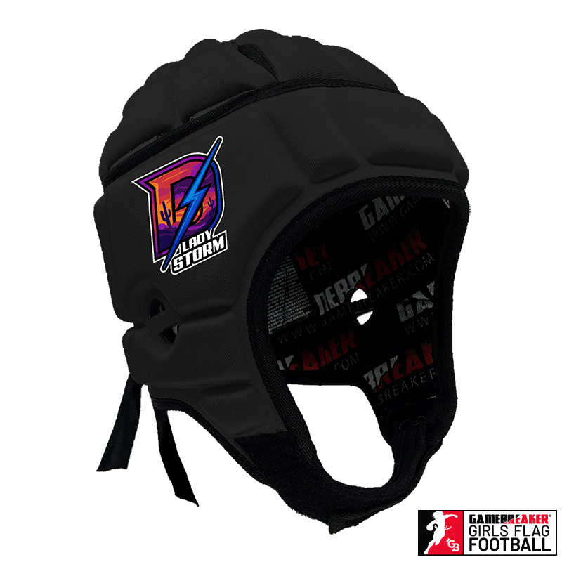 Product image of a Black GameBreaker Multi-Sport Headgear with custom logos on it.