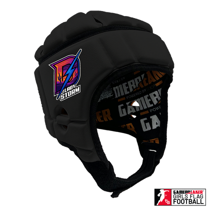 Product image of a Black GameBreaker Pro Headgear with custom logos on it.