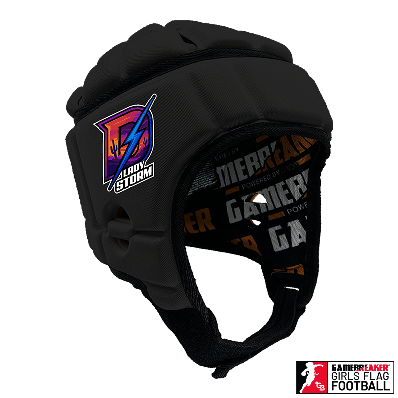 Product image of a Black GameBreaker Pro Headgear with custom logos on it.