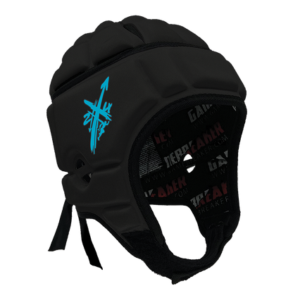 Product image of a Black GameBreaker Multi-Sport Headgear with custom logos on it.