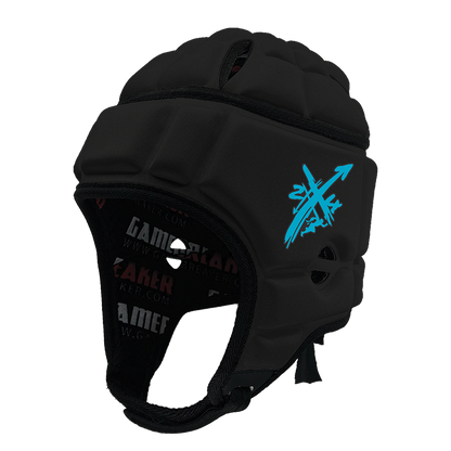 Product image of a Black GameBreaker Multi-Sport Headgear with custom logos on it.